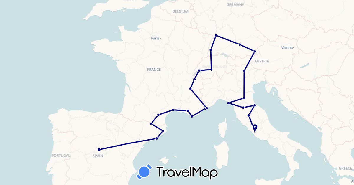 TravelMap itinerary: driving in Andorra, Switzerland, Germany, Spain, France, Italy, Monaco, San Marino (Europe)